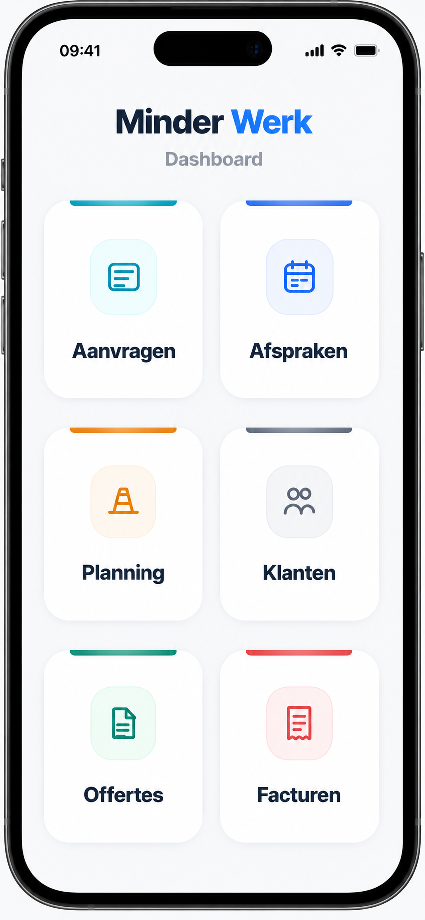 MinderWerk dashboard met aanvragen, afspraken, planning, klanten, offertes en facturen