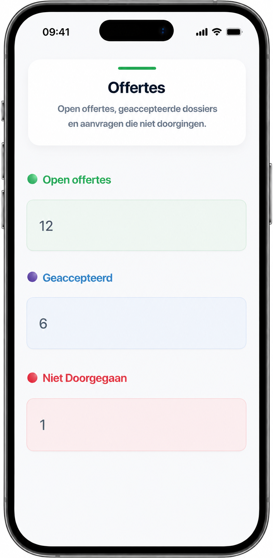 MinderWerk offertes overzicht met open, geaccepteerde en niet-doorgegane offertes