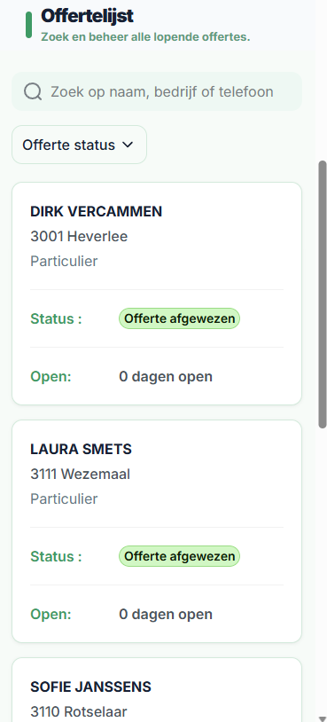 MinderWerk offertelijst met zoekfunctie, filter en offertekaarten