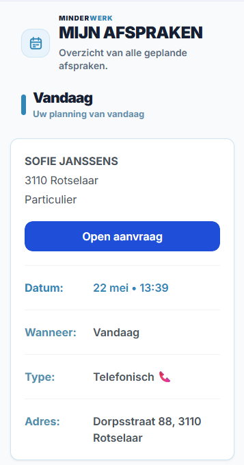 MinderWerk afsprakenoverzicht met klant, datum, uur, type afspraak en adres