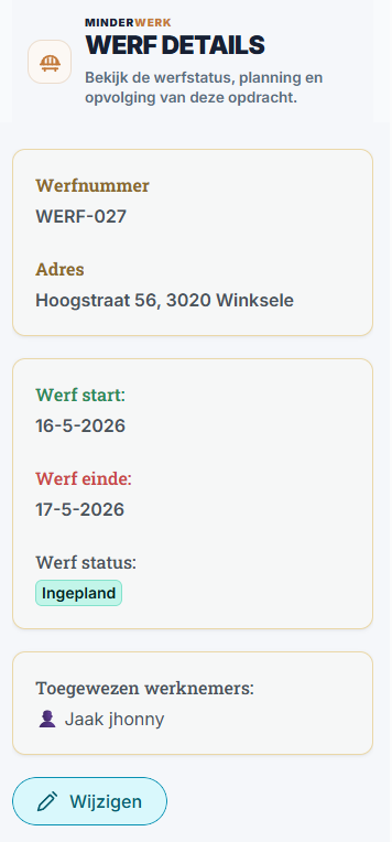 MinderWerk werfdetails met werfnummer, adres, startdatum, einddatum, status en werknemers