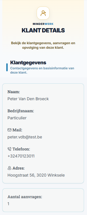MinderWerk klantdetails met klantgegevens en gekoppelde aanvragen